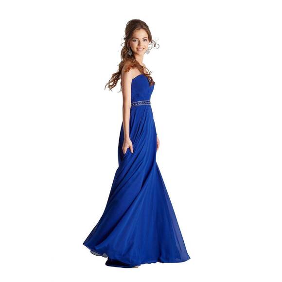 NEW CLARISSE strapless pleated surplice chiffon gown in cobalt